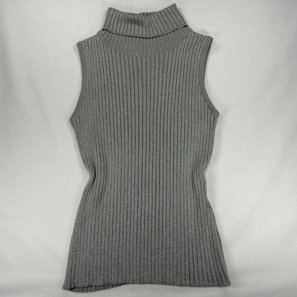 Vintage Studio Y‎ Silver Metallic Ribbed Knit Sleeveless Turtleneck Top Medium